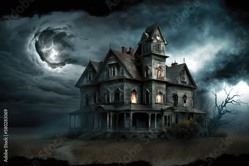 Dismal horror score with ominous atmosphere. True ghost story. There was a dramatic sky, and the windows of the old, deserted house were lit. Generative AI