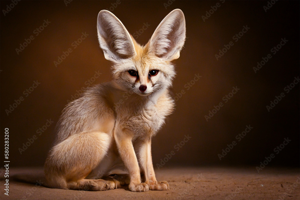 Obraz premium Cute fennec fox portrait in front of brown isolated studio background.Front view.Created with generative ai