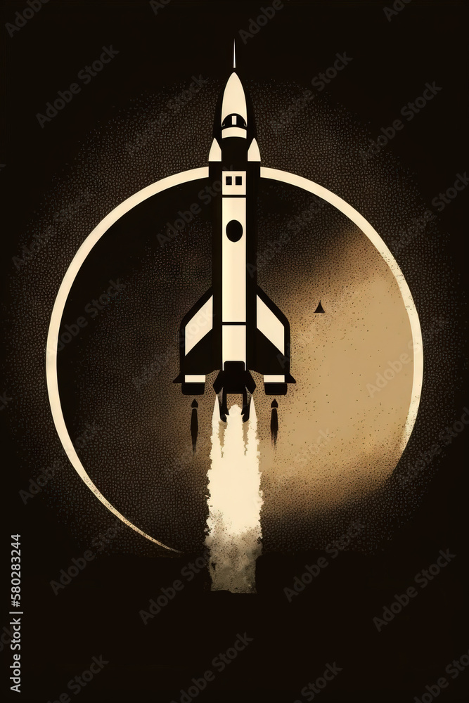 Vintage space colorful poster with flying shuttle on cosmic background. International day of human space flight.12 April. Generative AI