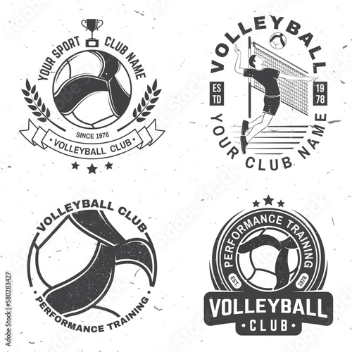 Set of Volleyball club badge, logo design. Vector illustration. Vintage monochrome label, sticker, patch with volleyball ball, player and referee whistle silhouettes.