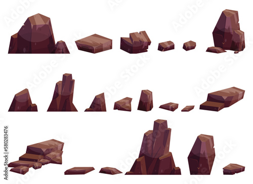 Cartoon stones collection isolated on white. Pieces of mountain rock and desert stones vector illustration