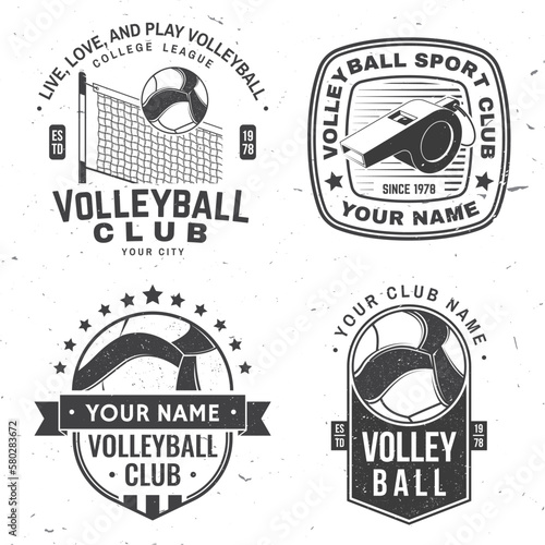 Set of Volleyball club badge, logo design. Vector illustration.  Vintage monochrome label, sticker, patch with volleyball ball, player and referee whistle silhouettes.