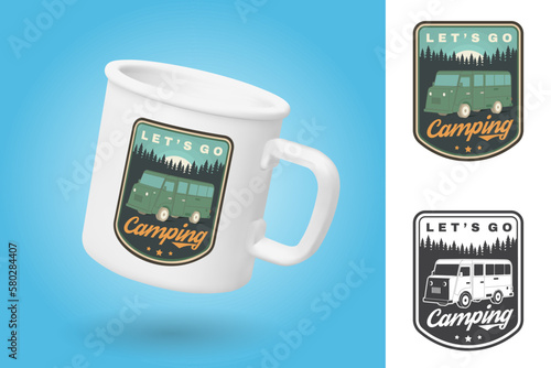 White camping cup. Realistic mug mockup template with sample design. Lets go camping. Summer camp. Vector. Vintage typography design with RV Motorhome and forest silhouette. Camping quote