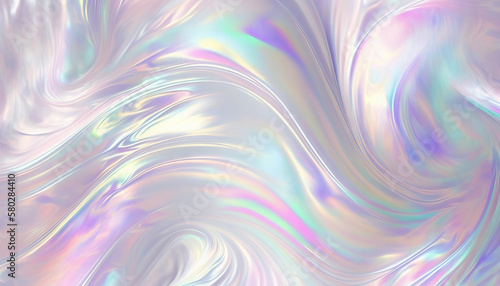 Seamless trendy iridescent rainbow foil texture. Soft holographic pastel unicorn marble background pattern. Modern pearlescent blurry abstract swirl illustration. Generative AI