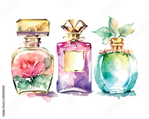 Watercolor Perfume bottle with flowers. Vector illustration. Fashion and style