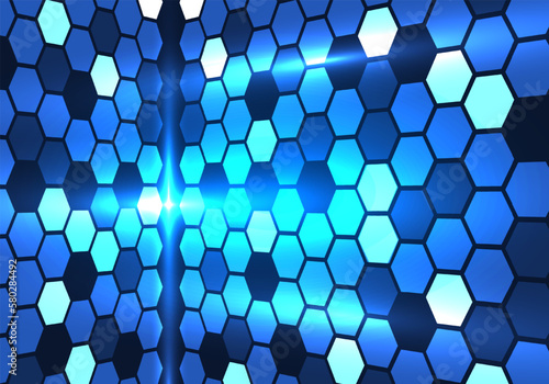 Abstract technology background, hexagonal shapes placed together in many pieces, with light passing through it, giving it a more modern and elegant look. Focus on the floor, mainly using the blue dial