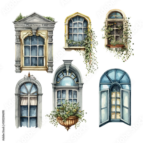 Vintage watercolor old european balcony window set the different windows with different shapes sizes and colors vector illustration