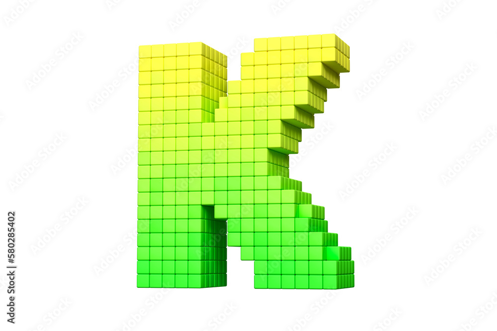Pixel art digital typography letter K in yellow to green color scheme. High quality 3D rendering. Pixel art digital typography letter K in yellow to green color scheme. High quality 3D rendering.