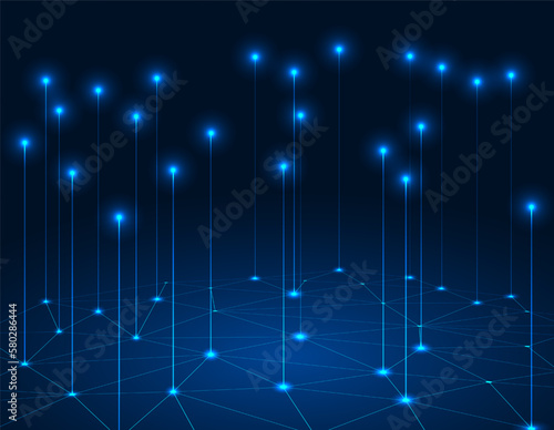 Fototapeta Naklejka Na Ścianę i Meble -  Abstract background technology wireless connection and data transmission in the cyber world Use geometric shapes to connect a dark blue background