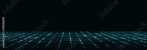 Technology perspective grid. Digital space wireframe landscape. Blue mesh on a black background.