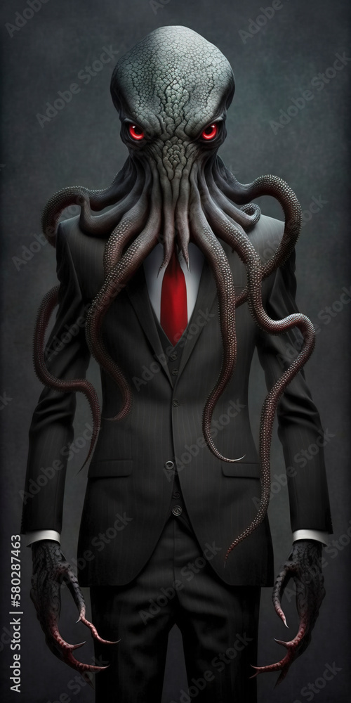 Octopus with red eyes and evil face dressed as a businessman created using generative AI technology Octopus with red eyes and evil face dressed as a businessman created using generative AI technology