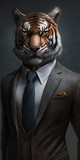 Tiger with red eyes and evil face dressed as a businessman created using generative AI technology