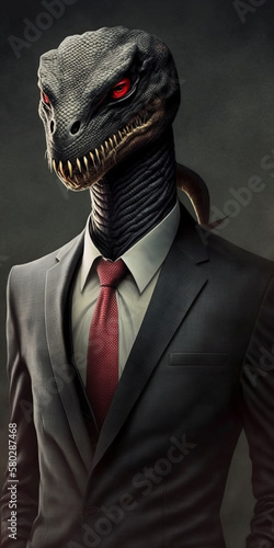 Snake with red eyes and evil face dressed as a businessman created using generative AI technology