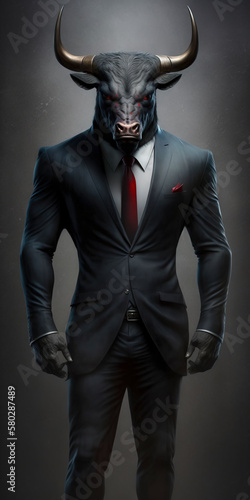 Bull with red eyes and evil face dressed as a businessman created using generative AI technology