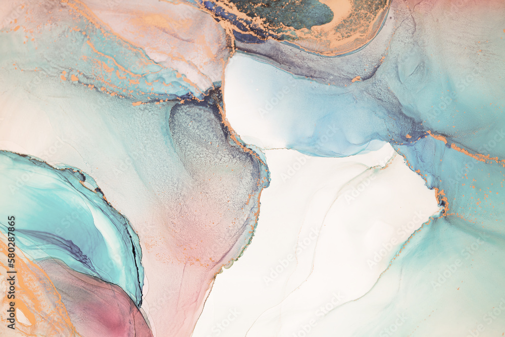 Painting created with alcohol ink. Soft smooth color transitions combined with clear gold and silver edges. Blue, pink, green abstract color combination. Painting created with alcohol ink. Soft smooth color transitions combined with clear gold and silver edges. Blue, pink, green abstract color combination.