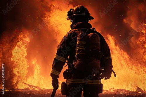 Foto Attend firefighter and rescue training classes on a consistent basis to prepare, Background of a raging fire