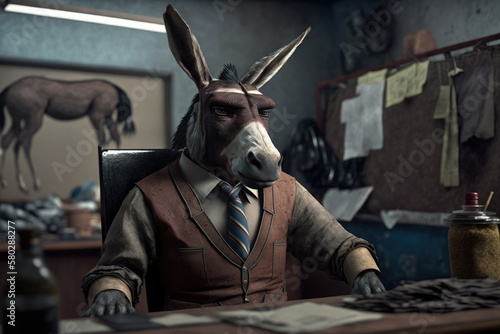 Donkey working in the office. Animals in the Office. Workers as Animals, office space.