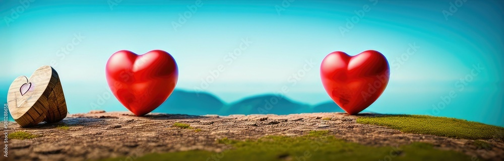 Fototapeta premium Valentine's day themed background with hearts on top of a mountain for product display, copy space, Generative AI