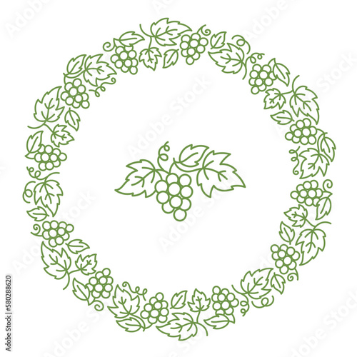 Grapevine circle frame floral ornament. Thick line pattern. Grape branches and leaves. Editable outline stroke. Vector line.