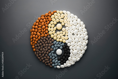 Yin yang sign made of spheres and balls. 3D rendering. Generative AI technology. 