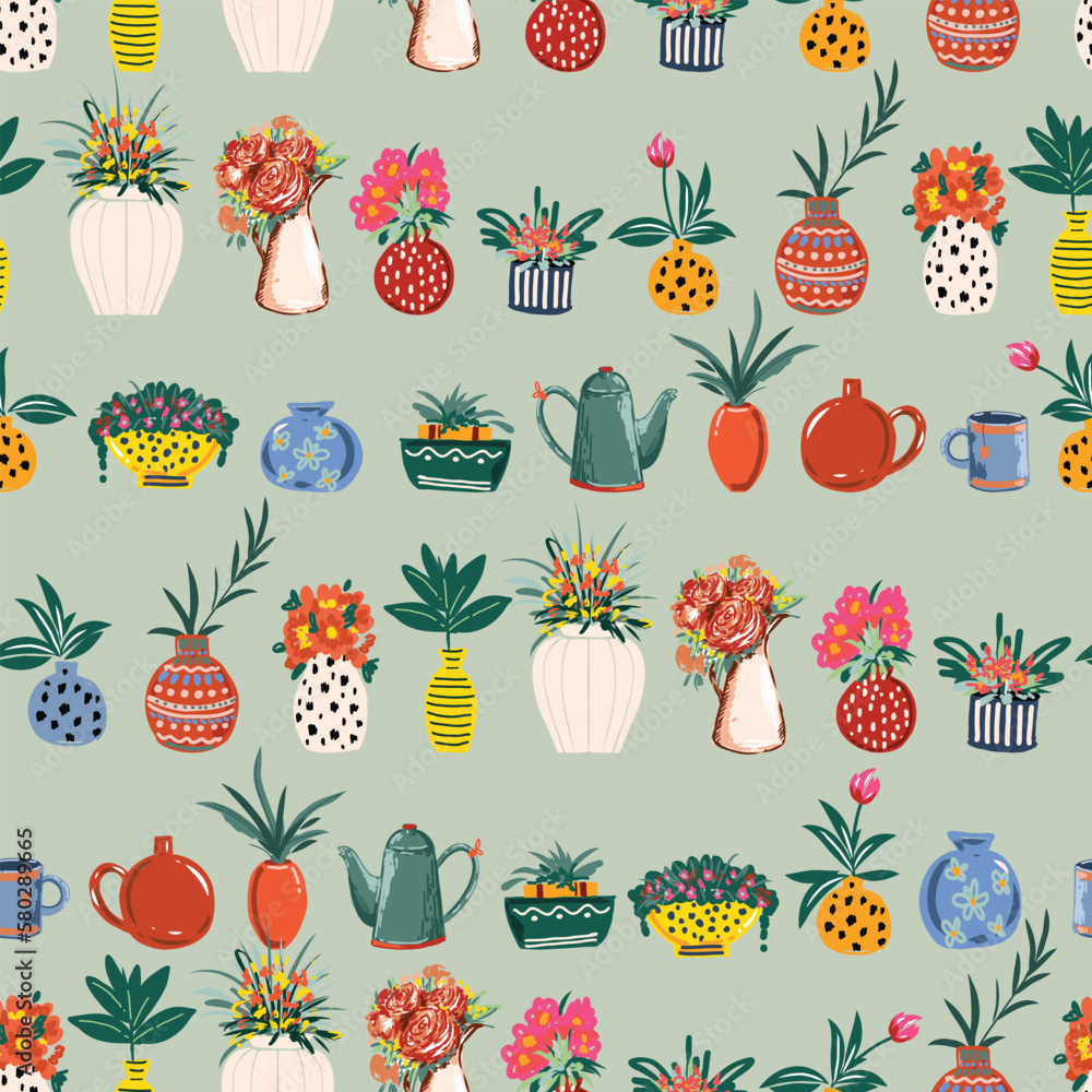 Trendy Hand drawn Cozy Home Decoration seamless pattern illustration vector