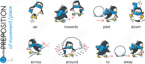 Preposition of movement Funny penguins cartoon set