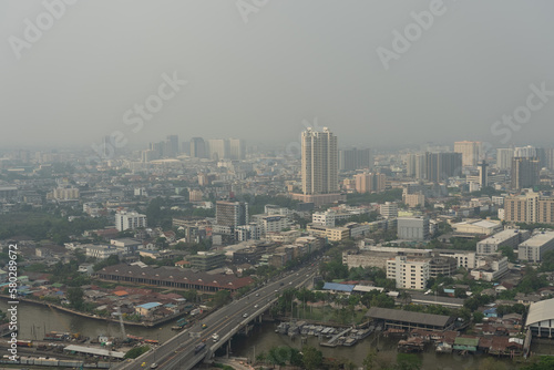 Cityscape and Skyline of Bangkok and Chao Phraya River on the Day with Pollution of PM2.5 Above Dangerous Level.