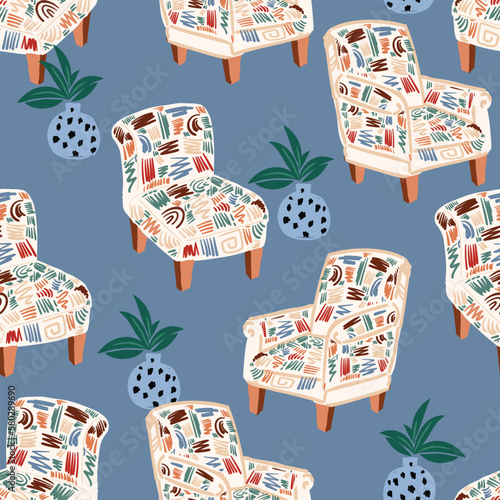 Trendy Hand drawn Cozy Home Decoration seamless pattern illustration vector