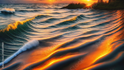 beautiful sunset waves with light reflections - generative AI
