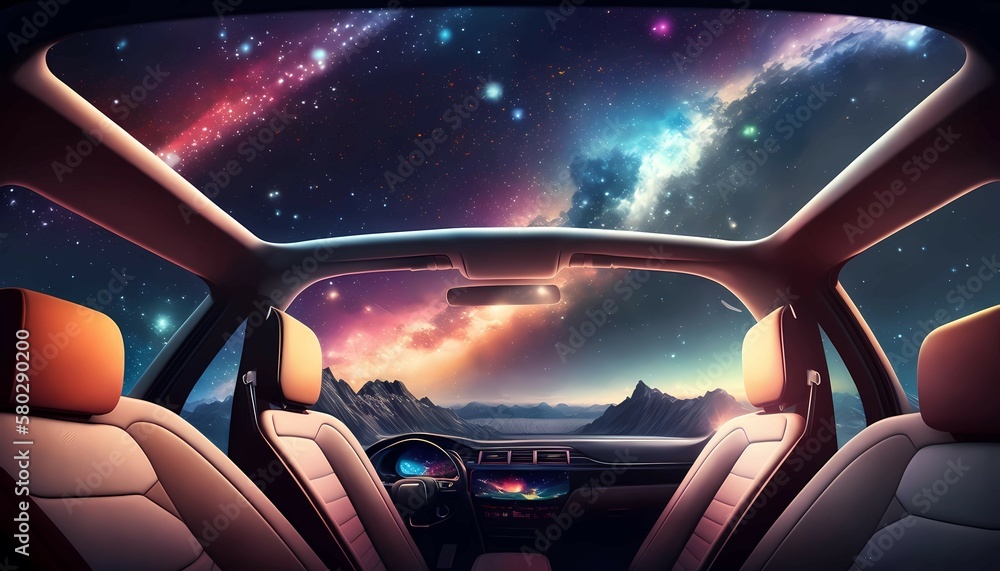 Galaxy view from futuristic car , passenger seat , landscape , generative ai Galaxy view from futuristic car , passenger seat , landscape , generative ai