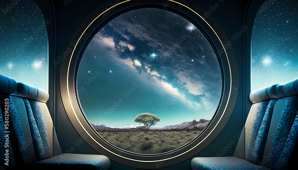 Galaxy view from train passenger seat , landscape , generative ai Galaxy view from train passenger seat , landscape , generative ai