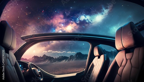 Galaxy view from futuristic car , landscape , generative ai 