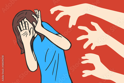 Woman, sexual harassment illustration. Violence and persecution against women, Workplace bullying. flat concept, victim, sexual, rape. hands of man touching women