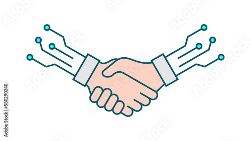 Digital handshake concept. Two hands with microchips. AI solution. Cooperation between humans and artificial intelligence. Technology business deal or contract. Vector illustration, flat, clip art. 