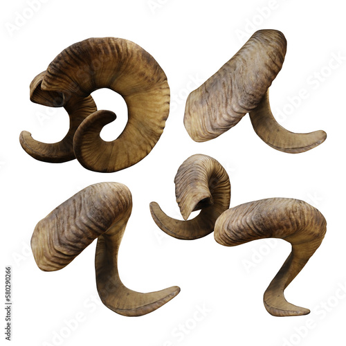Quadro em tela 3d rendering of curved sheep goat horns like devil horns perspective view