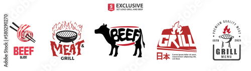 Set Logo Exclusive food BBQ Grill, Barbecue, Barbeque Label Stamp Logo design vector