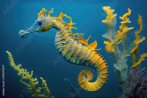 On a blue background, a yellow seahorse swims. Generative AI