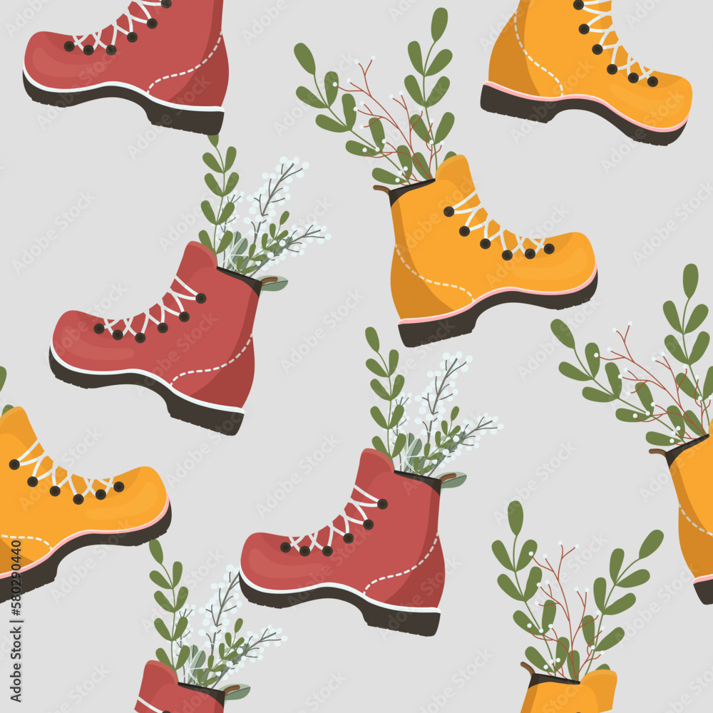 The pattern is seamless with boots with flowers inserted. Vector stock illustration. isolated. Flat style. Trendy and modern design. Clothing and footwear The pattern is seamless with boots with flowers inserted. Vector stock illustration. isolated. Flat style. Trendy and modern design. Clothing and footwear