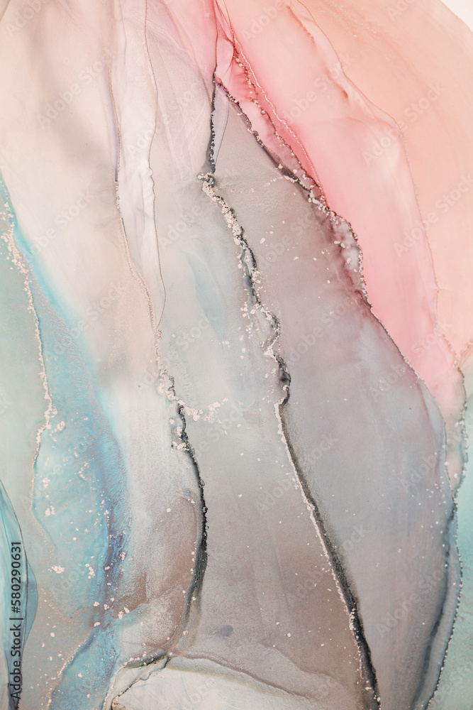 Painting created with alcohol ink. Soft smooth color transitions combined with clear gold and silver edges. Blue, pink, green abstract color combination.