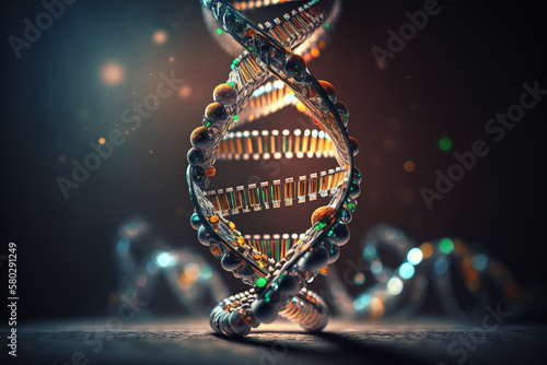 DNA. Abstract3d polygonal wireframe DNA molecule. Medical science, genetic biotechnology, chemistry biology, gene cell concept background. innovation technology concept. Generative AI photo