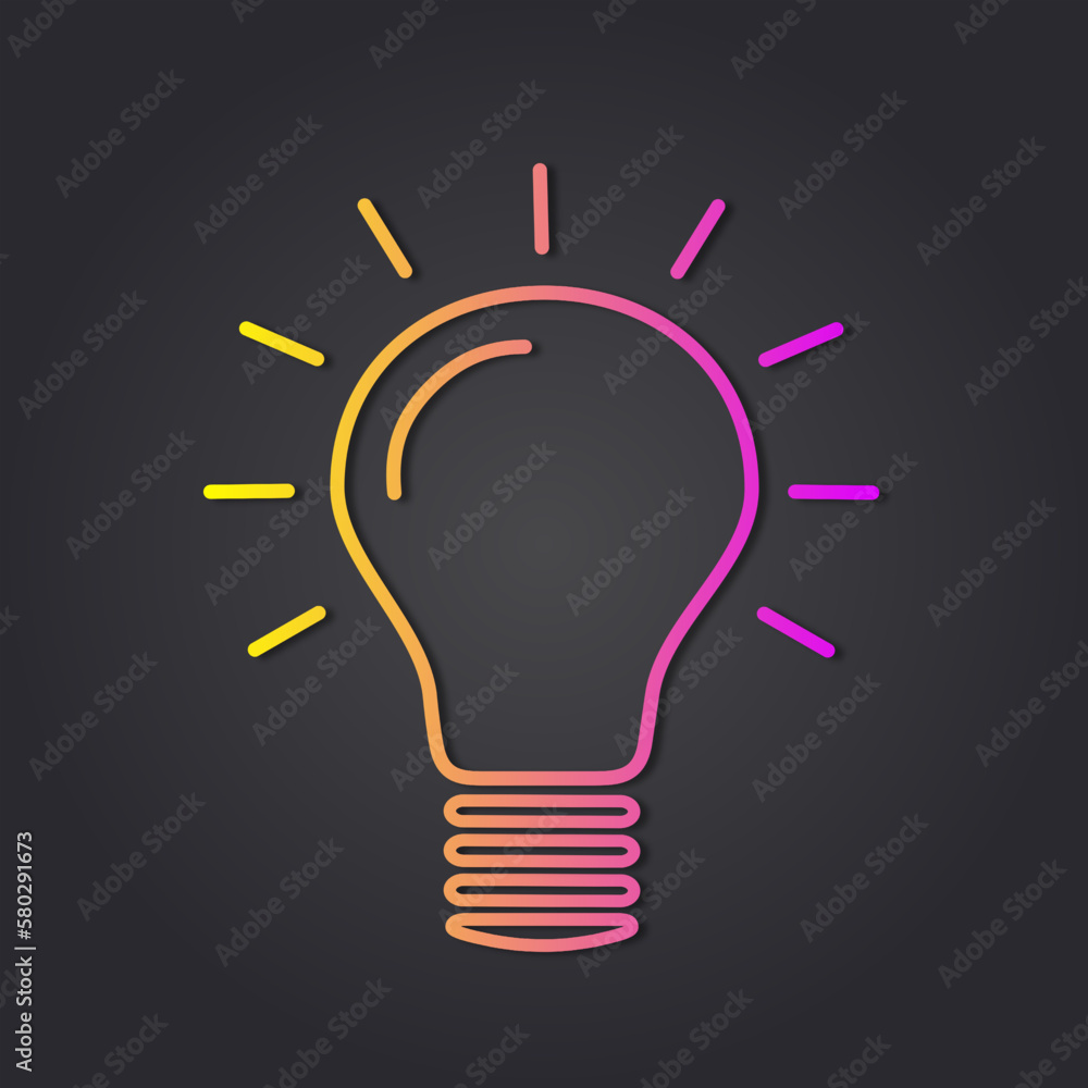 Vector illustration. Yellow pink neon light bulb isolated on black background. Side view. The concept of energy saving. Vector illustration. Yellow pink neon light bulb isolated on black background. Side view. The concept of energy saving.