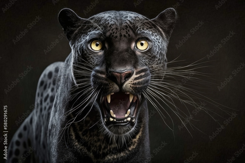 Scared panther pounces on camera. Generative AI