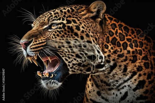 Scarlet adult female jaguar roaring, with a black background. Generative AI