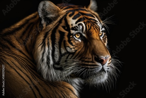 Tiger headshot isolated on black. Generative AI