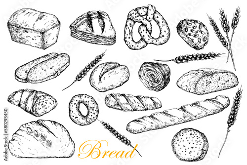 Bread Set. Whole and sliced. Cereal buns. Brenzel. Bag of flour. Bread ears.Vector hand drawn illustration in graphic style. Black and white sketch. Isolated on white .Design for packaging, labels 