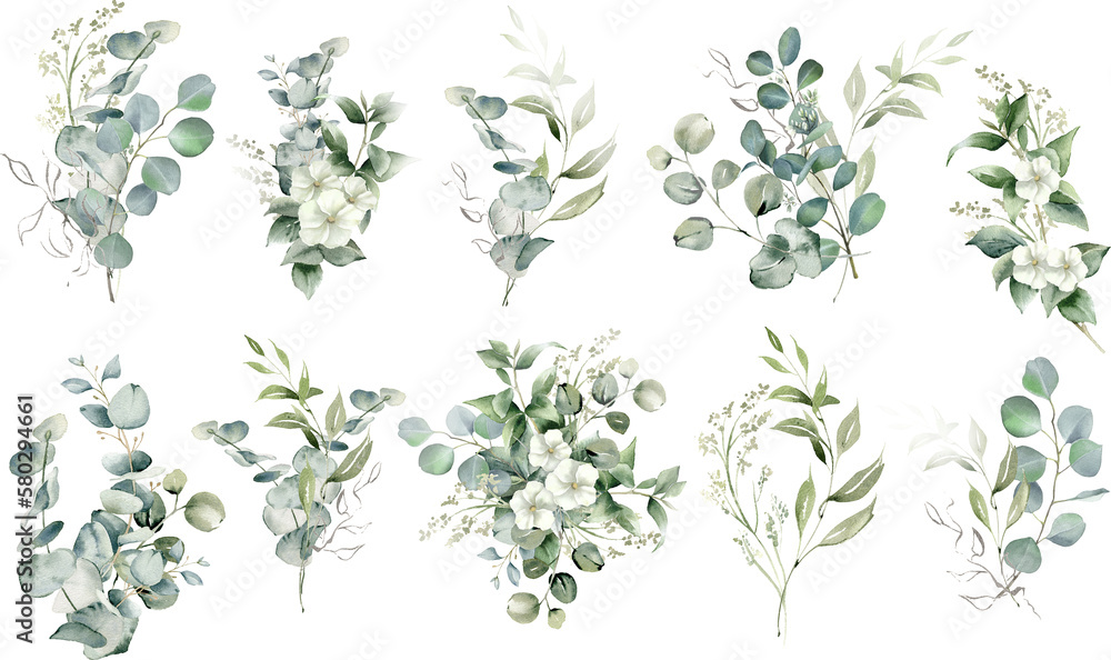 Watercolor eucalyptus bouquet set. Greenery branches and jasmine flowers clipart. Green foliage arrangement for wedding, stationery, invitations, cards. Illustration isolated on transparent background - obrazy, fototapety, plakaty 