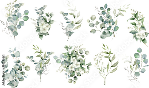 Watercolor eucalyptus bouquet set. Greenery branches and jasmine flowers clipart. Green foliage arrangement for wedding, stationery, invitations, cards. Illustration isolated on transparent background photo