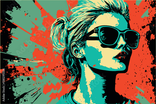 Beautiful woman wearing glasses. Pop art of retro comic girl. Vector art drawing of young pretty happy people. Red lips. Wallpaper of young female. Colorful splashes of paint. Vintage fashion art.