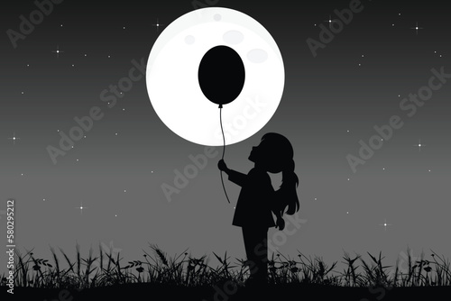 cute girl and moon silhouette landscape