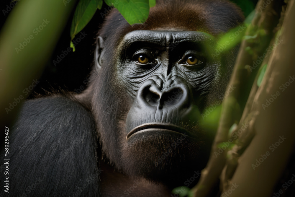 Illustration of a Congo lowland gorilla in the jungle. Wildlife in the African rainforest. Illustration of a Congo lowland gorilla in the jungle. Wildlife in the African rainforest.